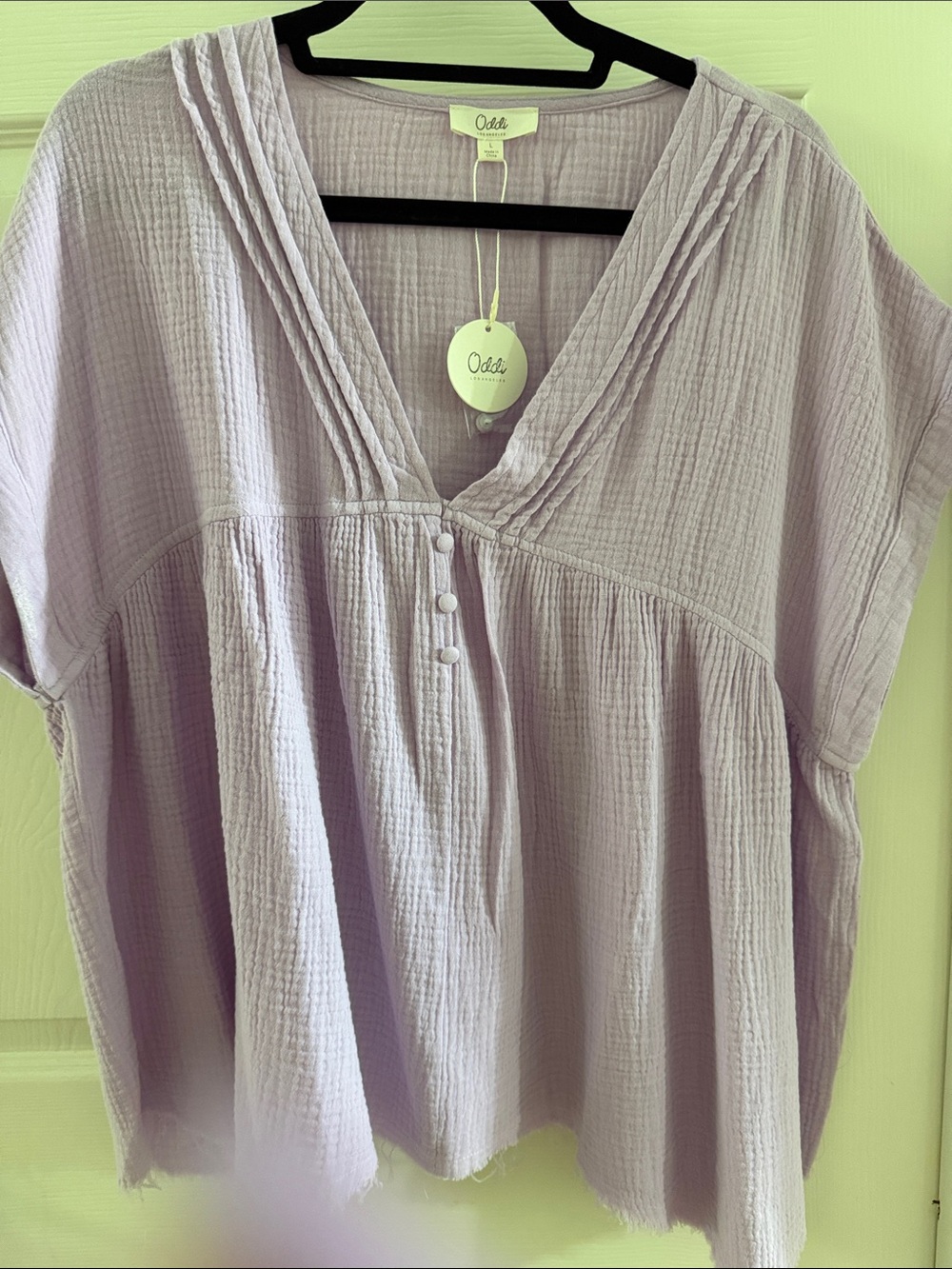 ODDI Lavender Crinkle V-Neck Peasant Top - Size L NWT